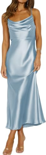 Summer Satin Spaghetti Strap Cowl Neck Backless Midi Dresses for Women Elegant Tie Low Back Ruched Cocktail Dress Blue