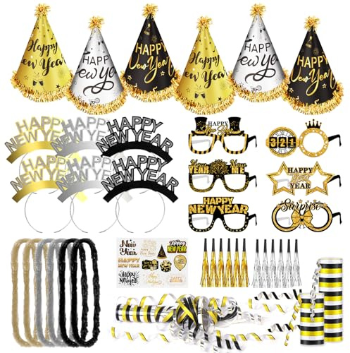DPKOW 38pcs Negro Oro Gafas de Año Nuevo Sombreros Diadema Guirnalda Flecos Sopladores, Feliz Año Nuevo Conos Sombreros Gafas Hairbands Props, Año Nuevo Tatuaje metálico serpentinas, Decoraciones de