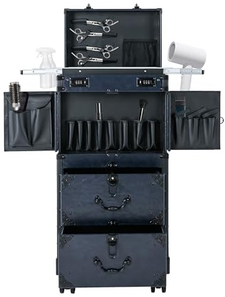 Valigetta per cosmetici, con serratura per trucchi, con ruote, beauty case, cosmetici, trolley, trucco, con cassetto, Blu, 38*25.5*82cm, moderno