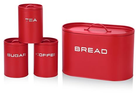 GOURMETmaxx Panera con juego de recipientes de almacenamiento – Juego de 8 piezas | Elegantes y herméticas latas de metal con tapa e inscripciones para pan, café, té y azúcar | hermético para