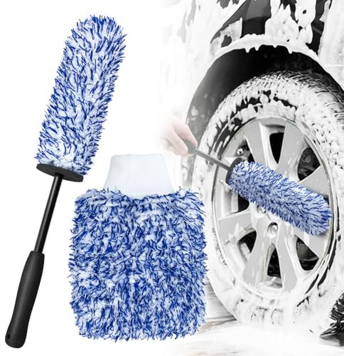 AdrreyuFny Spazzola Cerchi Auto e Guanto Lavaggio Auto, Microfibra Spazzola Ruote Kit per Pulizia Profonda per Tutti i Tipi di Cerchioni Senza Graffi e Non Danneggia Vernice - Blu