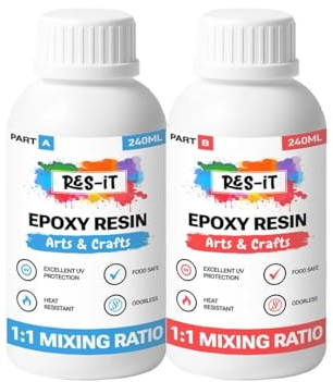 Res-iT Epoxy Resin Kit & Hardener, Crystal Clear, High-Gloss, Self-Levelling, UV Resistant, Non-Yellowing, DIY, Art, Jewellery Making, Woodworking, Non-Toxic, 1:1 Mix Ratio (480ml Starter Kit)