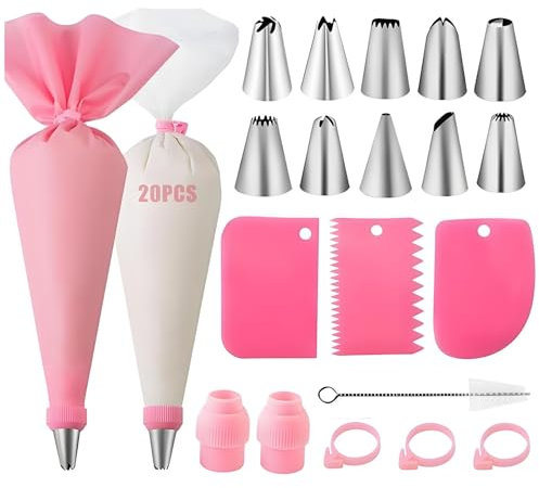 AGSYFFD Kit di 40 pezzi per decorare torte in acciaio inox, set di sac à poche e punte, 10 beccucci per tubazioni, 21 sac à poche, 2 accoppiatori, 3 raschietti in plastica, 3 fascette in silicone, 1