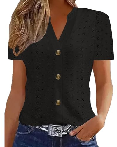 Summer Tops for Women UK - Ladies Blouses 2026 Elegant Going Out Eyelet Embroidery Short Sleeve Tops Hollow Out Casual Business Outfits Tunic Tees Breathable Button Down V-Neck T-Shirts