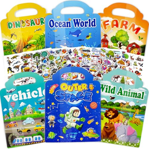 Dybydu 6 Livres d'autocollants Réutilisables Pour Enfants 3+, Espace, Océan, Véhicule, Dinosaure, Animal, Ferme, Cadeaux d'anniversaire Filles Garçons