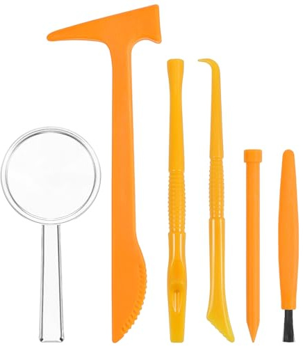 Vaguelly Kit Attrezzi Giocattolo per Scavo , 3 Set Martello Plastica, Scalpello, Raschietto, Spazzola e Lente D’ingrandimento, Strumenti Educativi per Giochi di Finzione e Scoperta