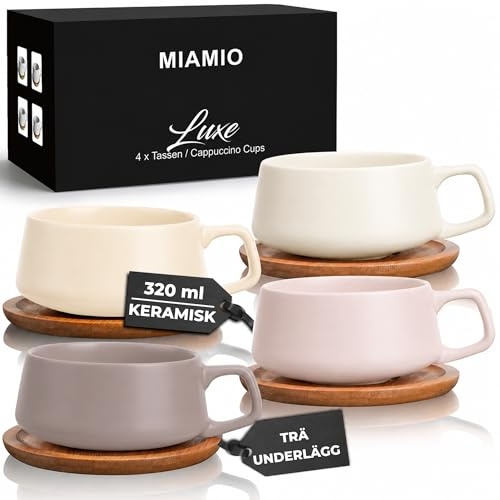 MIAMIO - Cappuccinokoppar Set om 4, Keramik (320ml) - Luxe (Cream Rose) | Keramiska cappuccinokoppar med fat, för latte, espresso och americano, set om 4, tål diskmaskin, för daglig användning