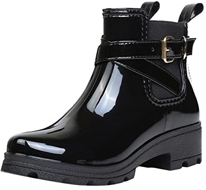 Botines para mujer con tacón elegante de verano, botas de goma para mujer, cortas, impermeables, con suela antideslizante, botines de goma, resistentes a la abrasión, botas de lluvia, hebilla Chelsea
