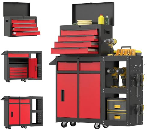 HOMCOM Tool Cabinet on Wheels with Side Rack, Pegboard, 3 in 1 Modular Red | Stackable Rolling Tool Box Trolley, 5 Drawers, Lock, Storage Organiser, for Workshop, Garage