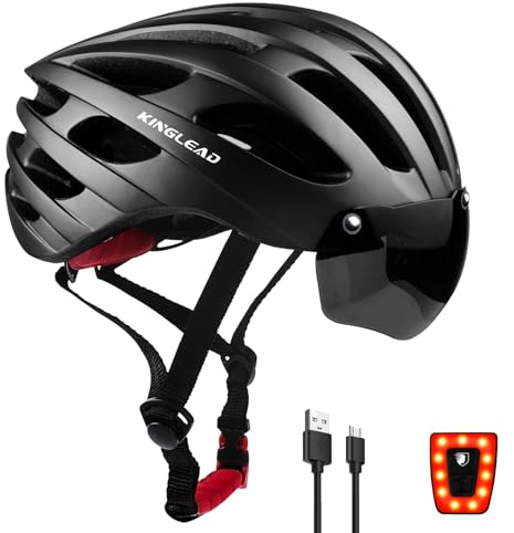 Caschi da Bici per Uomo e Donna, KINGLEAD Casco da Bici MTB con Occhiali Magnetici e Luce USB Ricaricabile, Casco da Corsa per Mountain Bike Regolabile con Strisce Riflettenti, 57-62 cm.