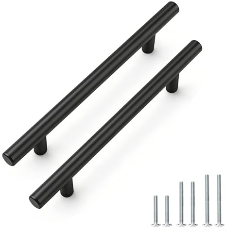 PinLin 20 Pack Kitchen Door Handles 128mm Hole Centre Flat Black Cabinet Handles Stainless Steel Cupboard T Bar Handle (Screws Included)
