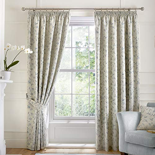 Curtina Bird Trail-Jacquard Lined Pencil Pleat Curtains, Duck Egg, 90 Width x 72 Drop (229 x 183cm)