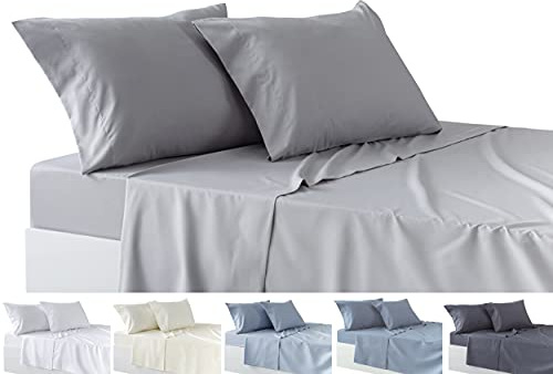 Todocama – Juego de Sábanas de 4 Piezas – Sábana Bajera Ajustable – Encimera - Dos Fundas de Almohada de 50x80cm. (Cama 200-200x190/200 cm, Gris Claro)