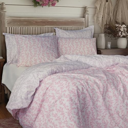 LERUUM Pink Lilac Bedding Set King Size Reversible Ditsy Floral Habitat Premium 200TC Cotton Percale Duvet Cover Hotel Quality Piped Pillowcases OEKO-TEX King Quilt Cover (230x220cm)