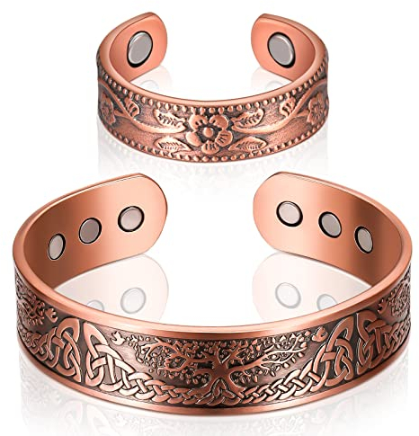 Sinmoe 2 Stück Magnetisches Kupfer Armband und Ring Set Magnetarmband und Magnetischer Kupferring für Männer Frauen Verstellbarer Massiver Kupfer Armreif Damen Magnetring(Klassisch)