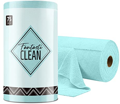 Fantasticlean Mikrofaser Reinigungstücher, 75 Stück pro Rolle Abreißbare Putztücher, Wiederverwendbare Fusselfreie Lappen für Auto, Küche und Haus 30x30cm-Blau