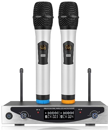EKLEVOR Microfono Wireless Professionale a Doppio Canale UHF senza Fili Palmare con Raggio d'azione di 260 Piedi per Karaoke, Feste, DJ, Chiese, Matrimoni e Riunioni