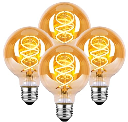 Edison LED Vintage Glühbirne, Dimmbar Glühbirne E27 4W LED Warmweiss, Vintage Edison Dimmbar lampe E27 Ideal für Nostalgie und Retro Beleuchtung - Bernstein - 4 Stück（G80 HPS）