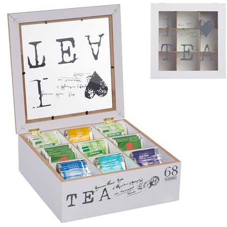 Relaxdays Teebox, 9 Fächer, Teebeutel Aufbewahrung, MDF, Acryl, Teekiste mit Sichtfenster, HBT 9 x 25 x 25 cm, weiß/grau