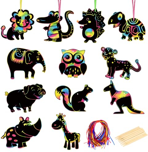 MONCAP 48 Stück Tier Kratzbilder Kinder Tier Kratzpapier Tier Papierbastelset Kinder Regenbogen Scratch Art für Mädchen Junge Party Mitgebsel Geburtstag Tier Partydekorationen