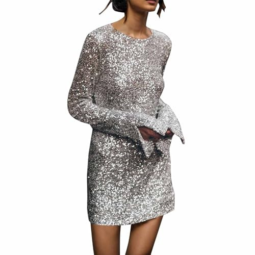 RUMAOZIA Abito corto da donna con paillette, a maniche lunghe, con paillette, senza maniche, per feste, da sera, rockabilly, cocktail, feste, matrimoni