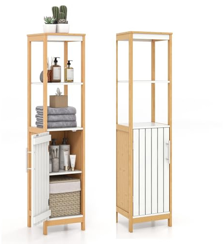 LIFEZEAL Armario Alto de bambú, Armario Suelo con Compartimentos Abiertos y Puerta, Organizador Independiente de Almacenamiento para baño, Cocina, Sala de Estar, 30 x 30 x 129cm
