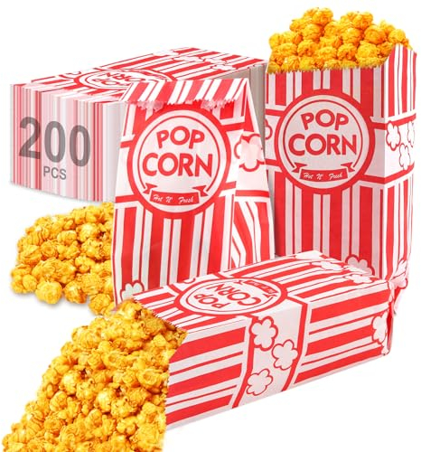 Lot de 200 Sachet Pop Corn, Sachet Popcorn en Papier Sac Pop-corn Bags Pliable Petites Popcorn Boîtes pour Popcorn Machine, Party, Carnaval, Cinéma Rétro Rayures Rouges Style Vintage 9 x 6 x 21 cm 1oz