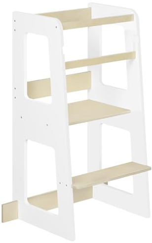 WOLTU Lernturm für Kinder ab 1 Jahr, mit Rausfallschutz, Montessori Learning Tower, Entdeckerturm Küchenhelfer Tritthocker, aus Massivholz MDF, bis 50 kg belastbar, Weiß Holzfarbe