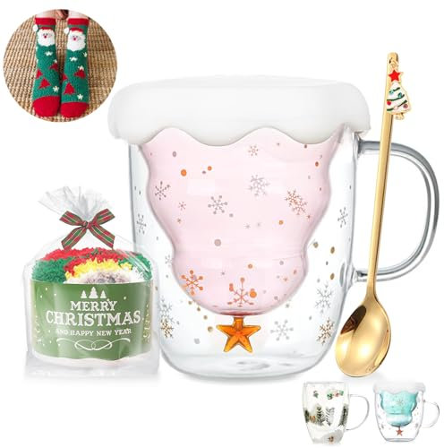 Cute Mugs Christmas Coffee Mug Double Walled Glass Mugs Milk Tea Espresso Cup Christmas Tree Decorations Christmas Funny Gifts for Women Men Kids Girls Her Best Friend
