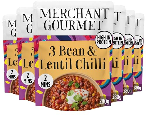 Merchant Gourmet Ready-to-Eat 3-Bean & Lentil Chilli with Chipotle & Smoked Paprika – High in Protein & Fibre, 1 of your 5-a-day, Ready Meals (6x 280g)