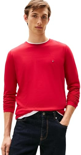 Tommy Hilfiger Camiseta de Manga Larga Hombre Stretch Slim Fit de algodón, Multicolor (Medium Red), XS