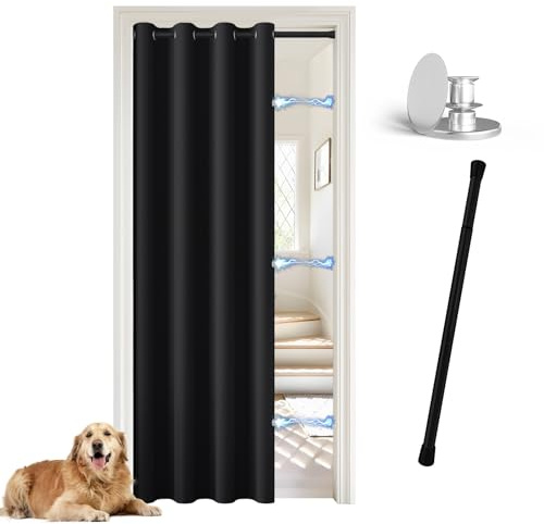 JCyh Rideau Occultant Thermiques sans Perçage Isolation Phonique Rideau de Porte à Œillets avec Bouton Magnétique H195 X L132 cm, Noir
