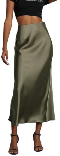 OLIPHEE Jupe Longue Femme Jupe Satin Taille Haute Elastique Robe Femme Robe Satin Ligne A Couleur Unie Casual Chic Élégante Soirée Vert S