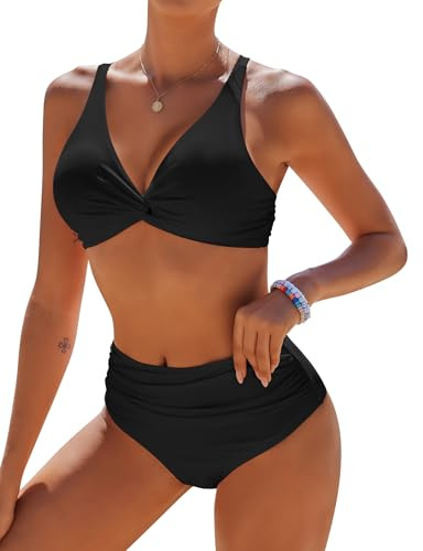 AI'MAGE Maillot de Bain Femme 2 Pieces Push Up Taille Haute Ensembles Bikini Sexy Beachwear Été Noir L