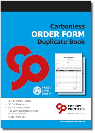 Cherry Order Form Duplicate Book A6 | 50 juegos duplicados autocopiativos | Bloc de recibos de facturas con copia superior perforada | Libro de pedidos de pequeñas empresas | Fabricado en Reino Unido