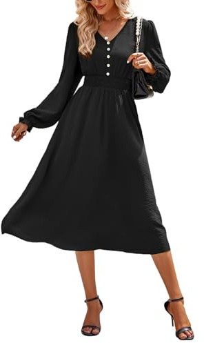 MAYFASEY Women's Spring Autumn Pleated Dress Long Sleeve A Line Elastic Waist Maxi Dresses Casual Loose Midi Dress with Button, Black, S