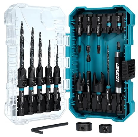Libraton Juego de Brocas Avellanadoras, 19 Piezas Brocas Cónicas para Carpintería, Brocas para Madera, Cortador de Tapones de Madera, Portabrocas Magnético Extensible 1/4 con Caja