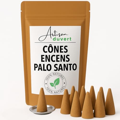 10 Cônes Encens Naturels Palo Santo + Socle Porte-Encens Inclus – Parfum Purifiant et Relaxant pour Méditation et Ambiance Zen