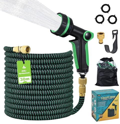 Tuyau d’Arrosage Extensible 30m, Tuyau d’Arrosage Flexible 30m Rétractable Automatique avec Pistolet 10 Modes, Tuyau Arrosage Extensible Jardin, Raccords Métalliques 1/2 & 3/4