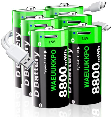 Piles Rechargeable Type D, 8800mWh Haute Capacité au Lithium D cellules avec de Charge USB-C,1,5V D Taille Cellule de Rechargeables la Batterie (Lot de 6)