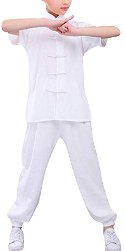 Mengmiao Kinder Unisex Kurze Ärmel 2-Teiliges Set Kampfsport Anzug Kung Fu Oberteile und Hosen Weiß 110
