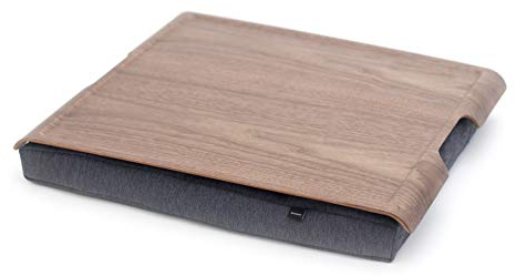 Bosign Plateau pour ordinateur portable avec coussin de pouf. Plateau antidérapant. Housse de coussin lavable et amovible. Bois de noyer. Coussin gris. LARGE (46 x 38 x 6,5 cm)