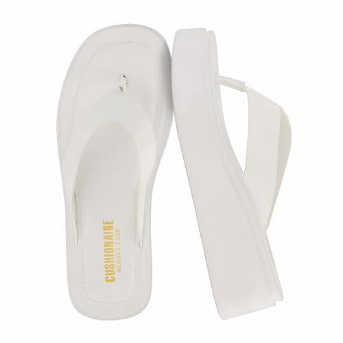 CUSHIONAIRE Pippin Chunky Platform Flip Flops, Stylish Wedge Flip Flops for Women with Cushioned Footbed and Durable Sole, WHITE 6