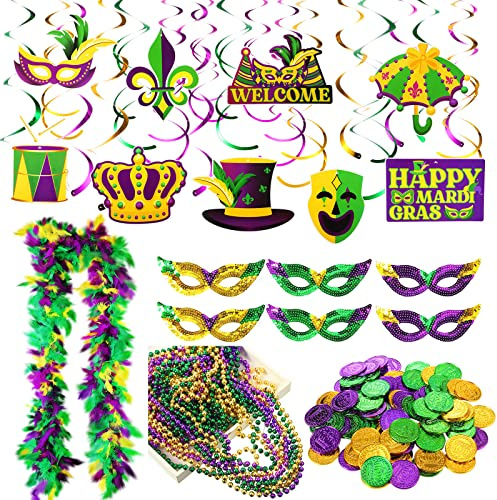 155 Pcs Mardi Gras Party Decorations Supplies Include Mardi Gras Hanging Swirl Decorations Face Mask Bead Necklaces Plastic Coins Purple Yellow Green Feather Boa for Mardi Gras Masquerade Costumes