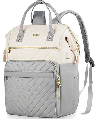 RJEU Mochila Mujer Portatil,Bolso Mochila Viaje Casual Profesora Trabajo,Mochila Universidad Mochila Escolar para Niña,Beige Gris