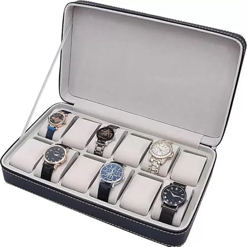 ZiaWorld 12 Slots Zipper Watch Storage Box, Fathers Day Gift, Watch Display Travel Case Oragnizer, PU Leather Rounder Corner, Removable Pillows, Luxury Watch Collection Gift for Men Women, Black
