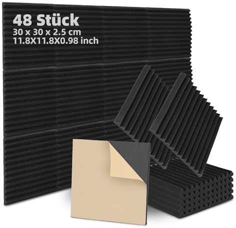 Fiqops 48 Stück Akustikschaumstoff Selbstklebend Akustikpaneele 2.5x30x30 cm Schalldämmung wand Echo-Fliesen reduzieren,Schallschutz für Tonstudio,Gaming Deko,Podcasts, Schwarz Keil