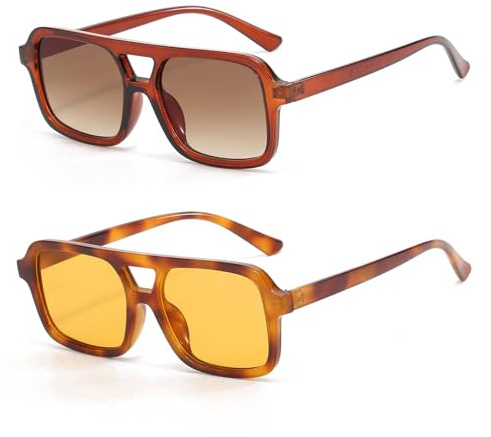 LJCZKA gafas de sol estilo piloto de moda para mujeres y hombres, montura cuadrada plana, doble puente, gafas de sol estilo vintage clásico con protección UV400