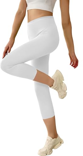 Geyuwoz Damen Leggings 3/4 Capri Algodón con Elastano Cintura Alta Opacos Leggings Deportivas Ideal para Yoga Deporte Ocio y Viajes Blanco S