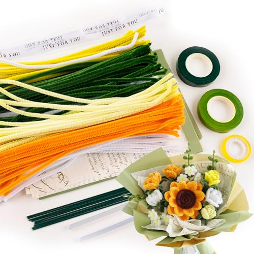 FENGQQKJ Sonnenblumen Blumenstrauß Pfeifenreiniger Set Pfeifenputzer zum Basteln Blumen Bouquet Twister DIY Chenilledraht Sonnenblumestrauß Kit mit Blumenstrauss Papier für Basteln Dekoration